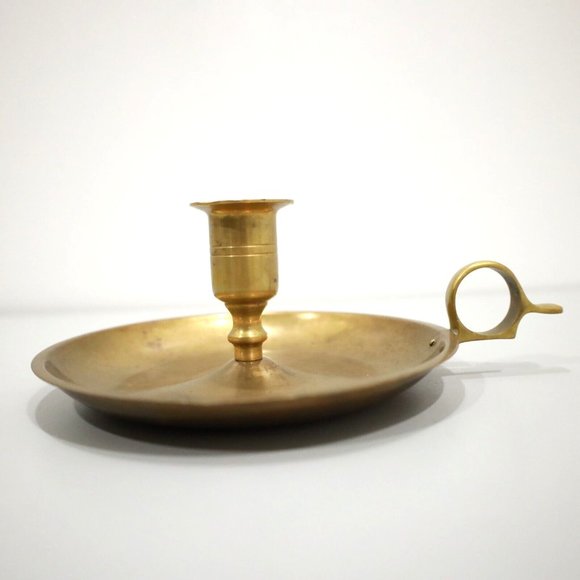 Solid Brass Taper Candle Holder with Plate and Finger Handle Loop